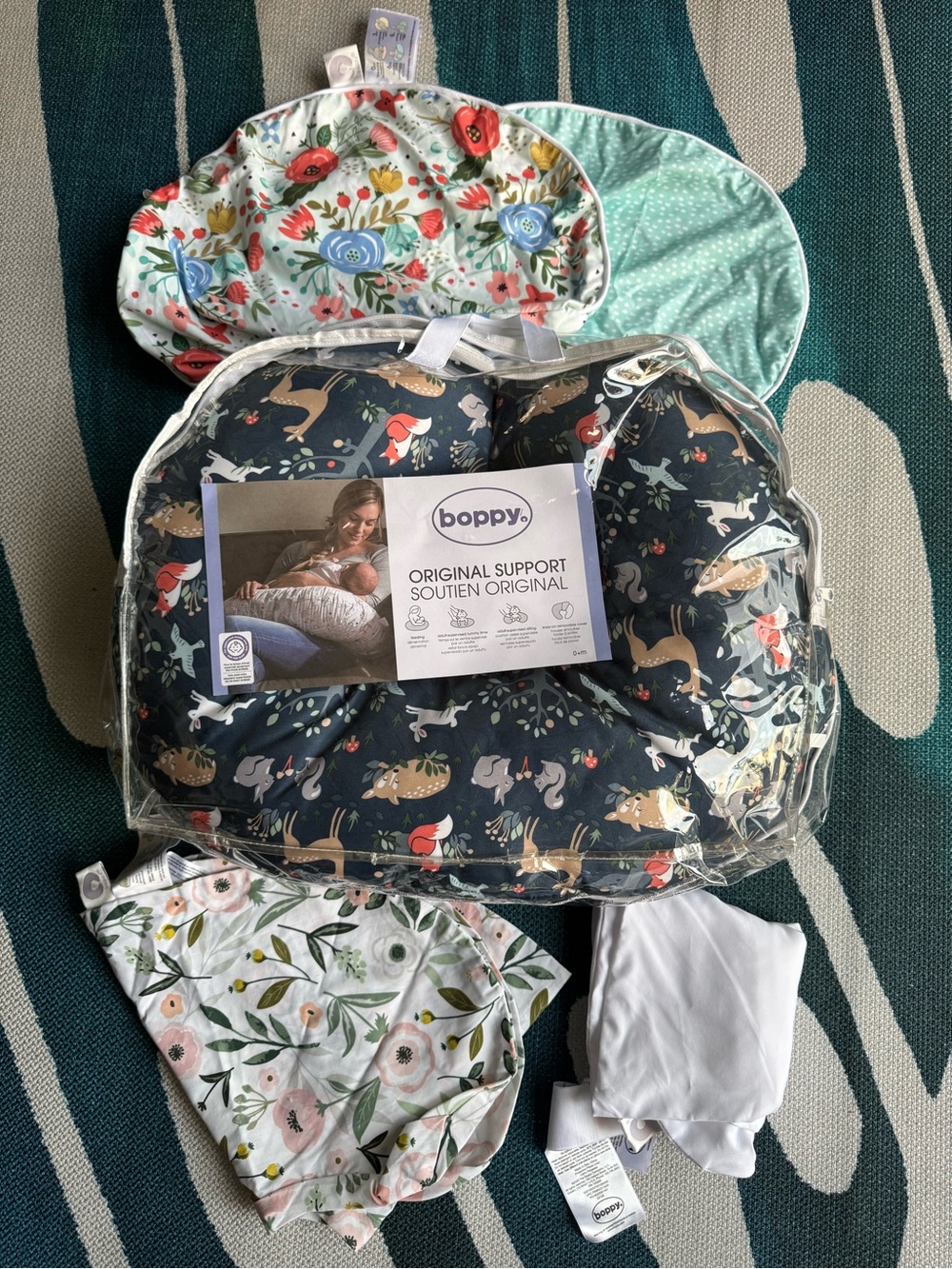 Boppy Pillow in Navy with Woodland Print + 2 Extra Covers + 2 Waterproof Liners
